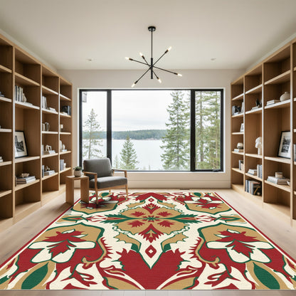 Crimson Gold Green Floral Symmetry Rug
