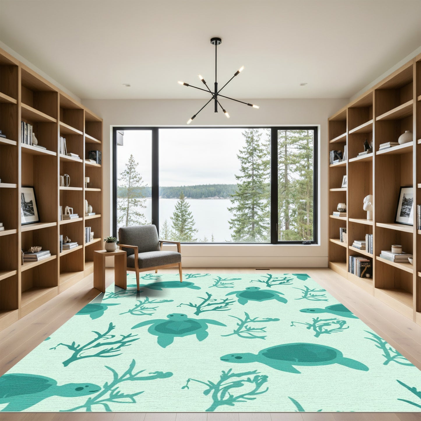 Teal Sea Turtle Coral Pattern Rug