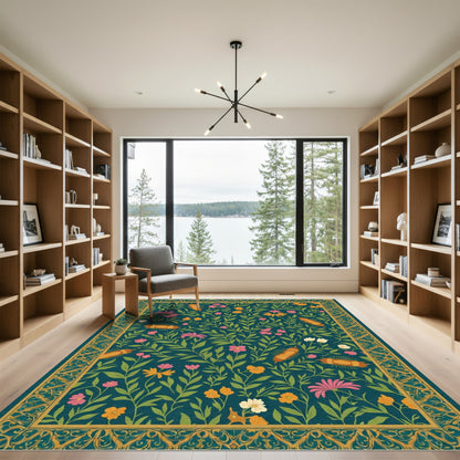 Dark Teal Floral Caterpillar Border Rug