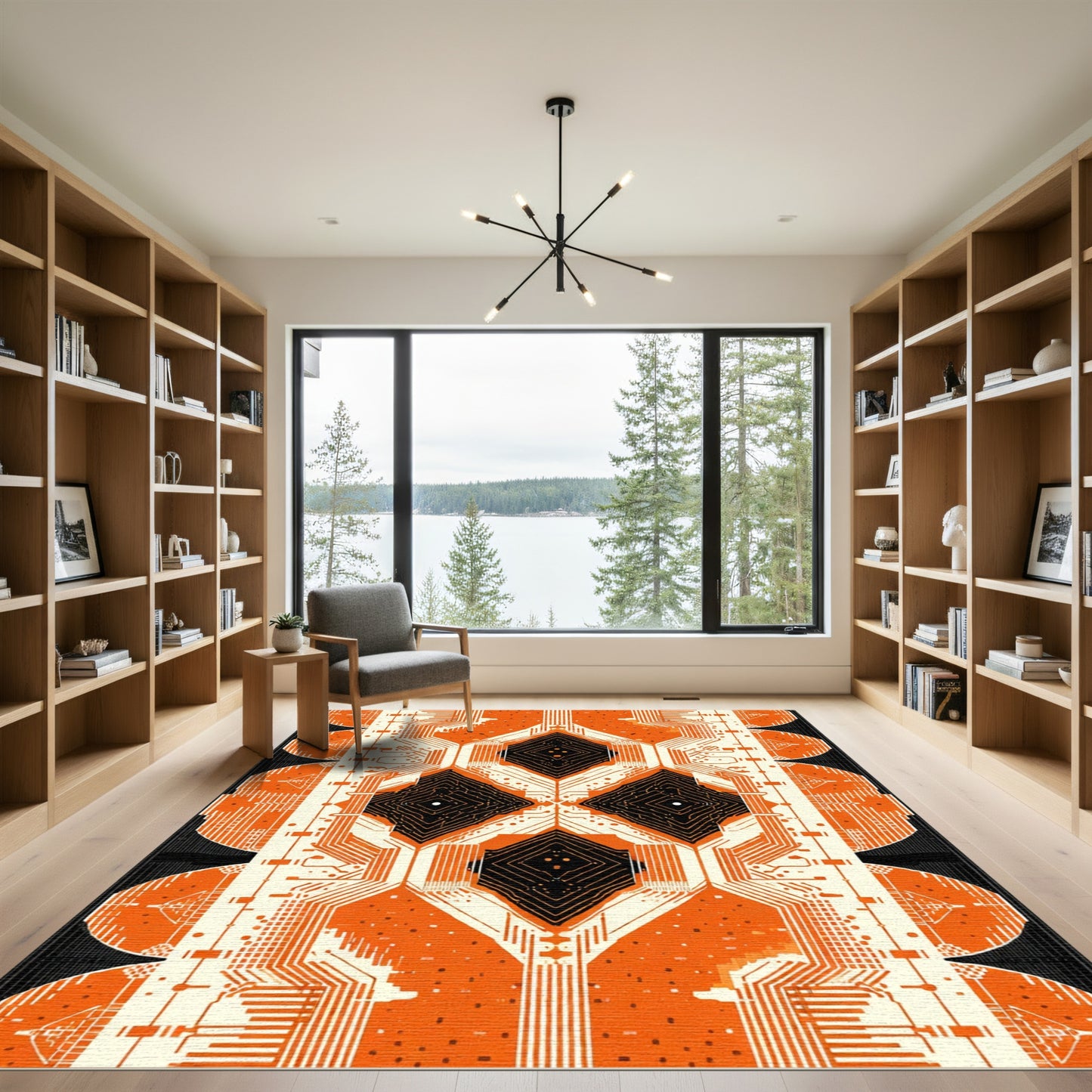 Orange Circuit Board Diamond Medallion Rug