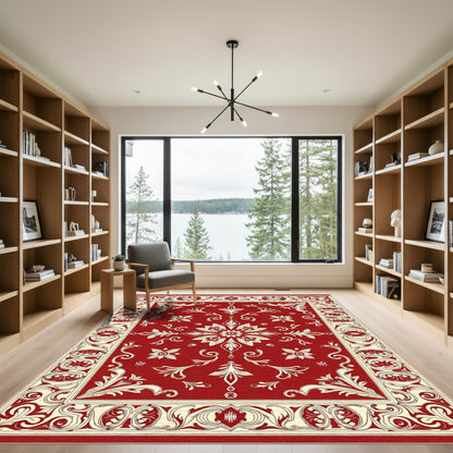Ornate Floral Border Red Cream Rug