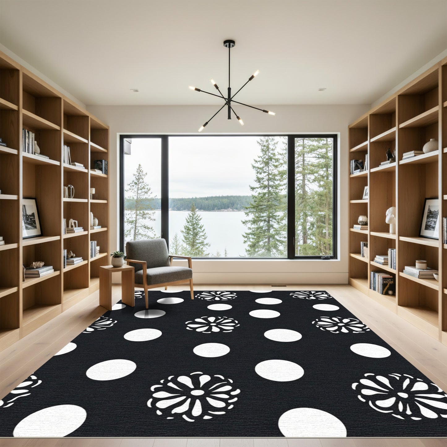 Black White Polka Dot Floral Rug