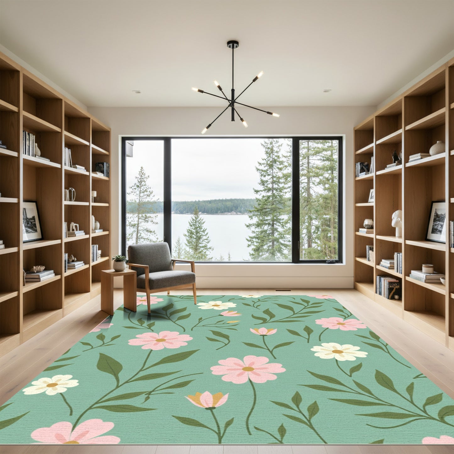 Pink Cream and Green Floral Sprinkle Rug