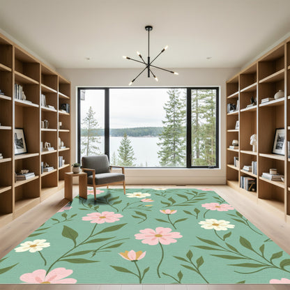 Pink Cream and Green Floral Sprinkle Rug