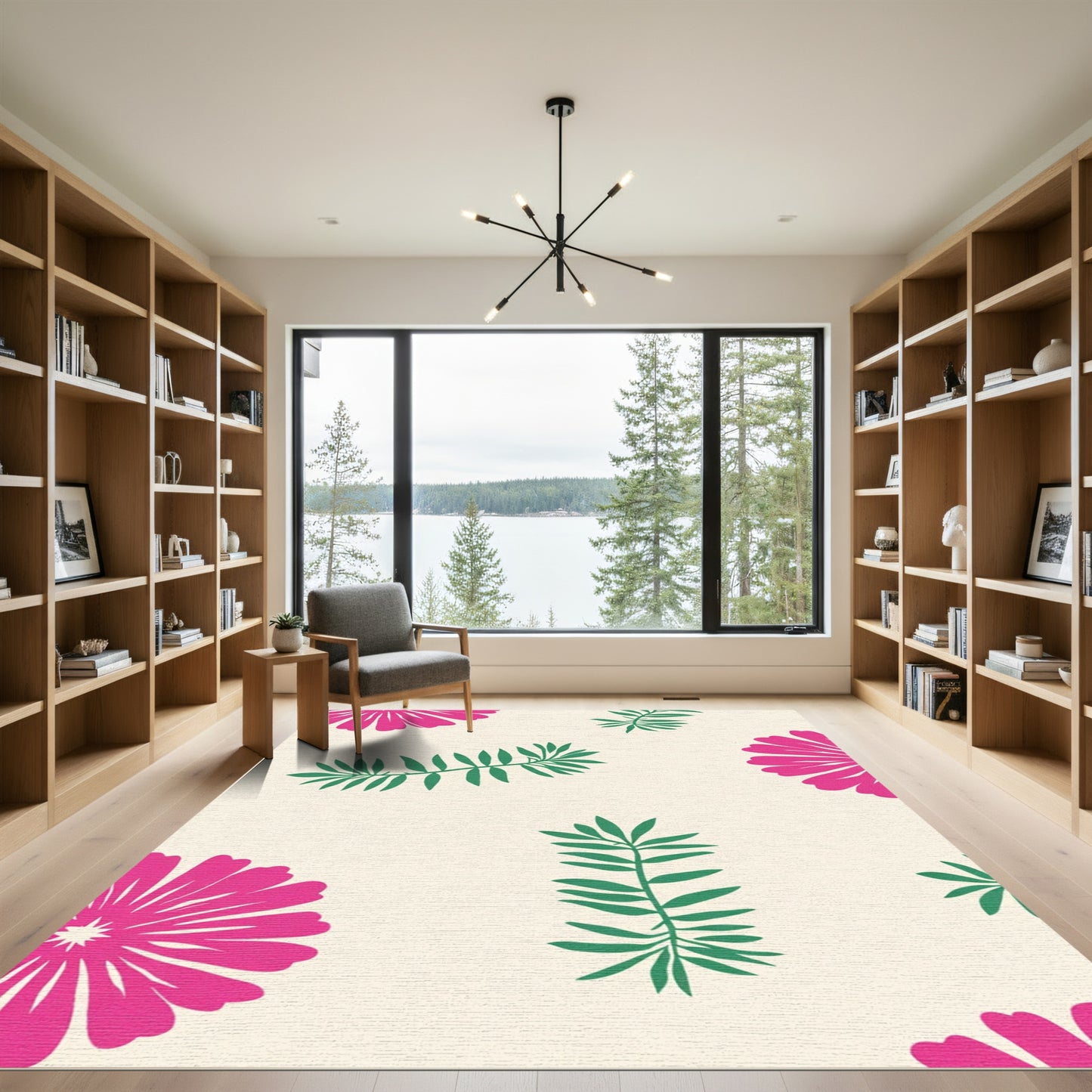 Hot Pink Floral Green Foliage Rug