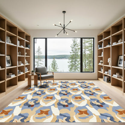 Earthy Tan Blue Abstract Shapes Rug