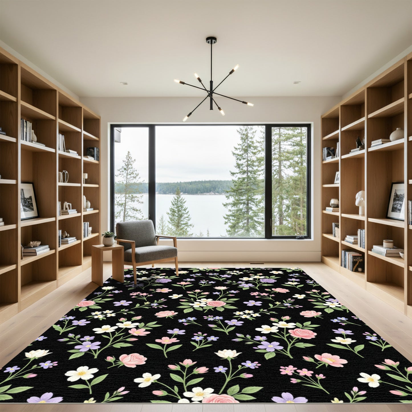 Pastel Floral Vines Black Background Rug