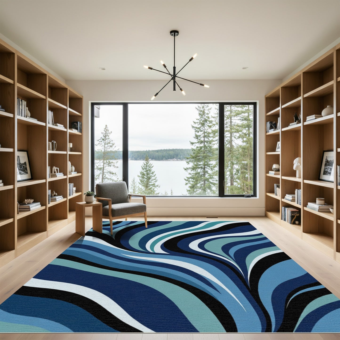Dark Blue Wave Swirl Abstract Rug