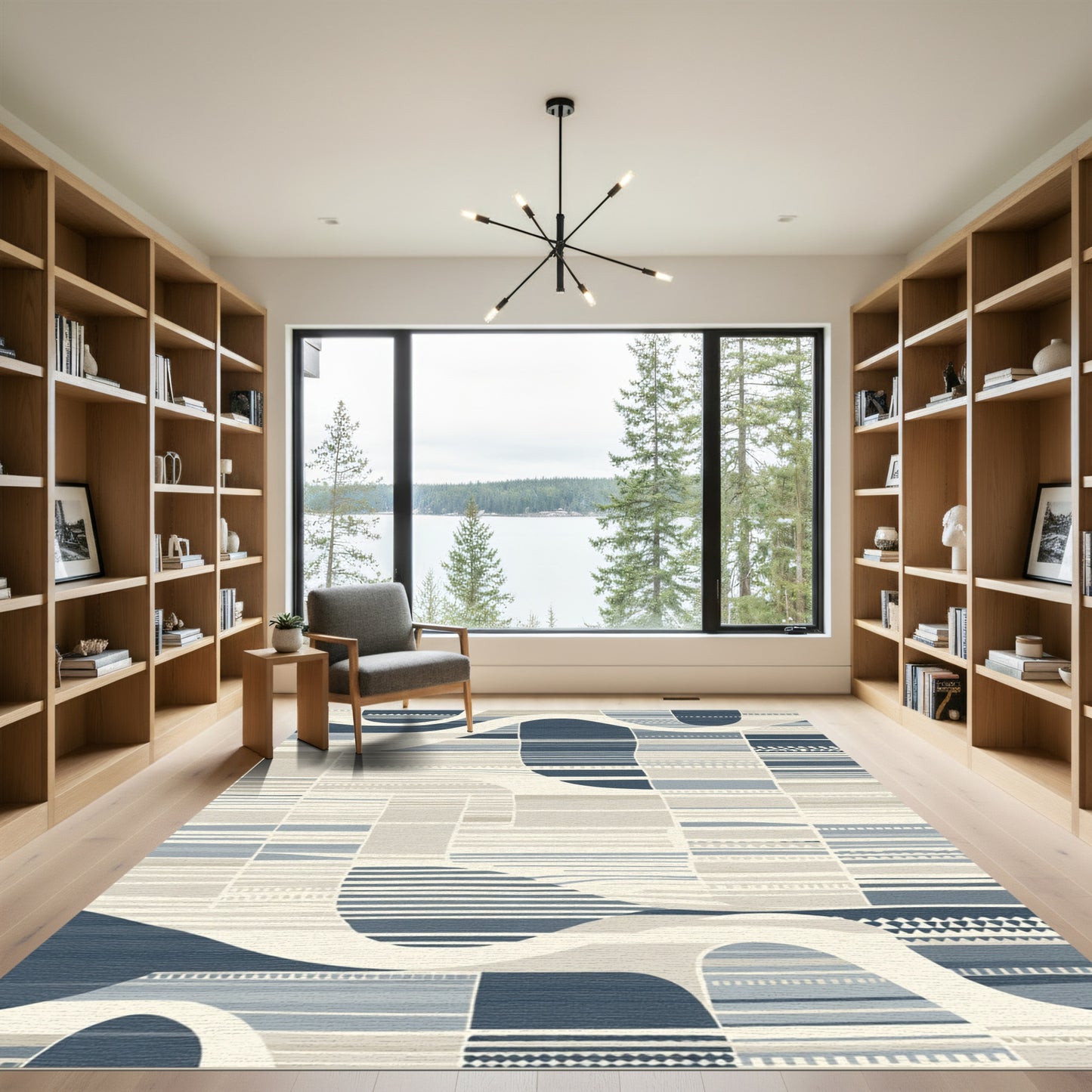 Abstract Blue Beige Wavy Stripped Rug