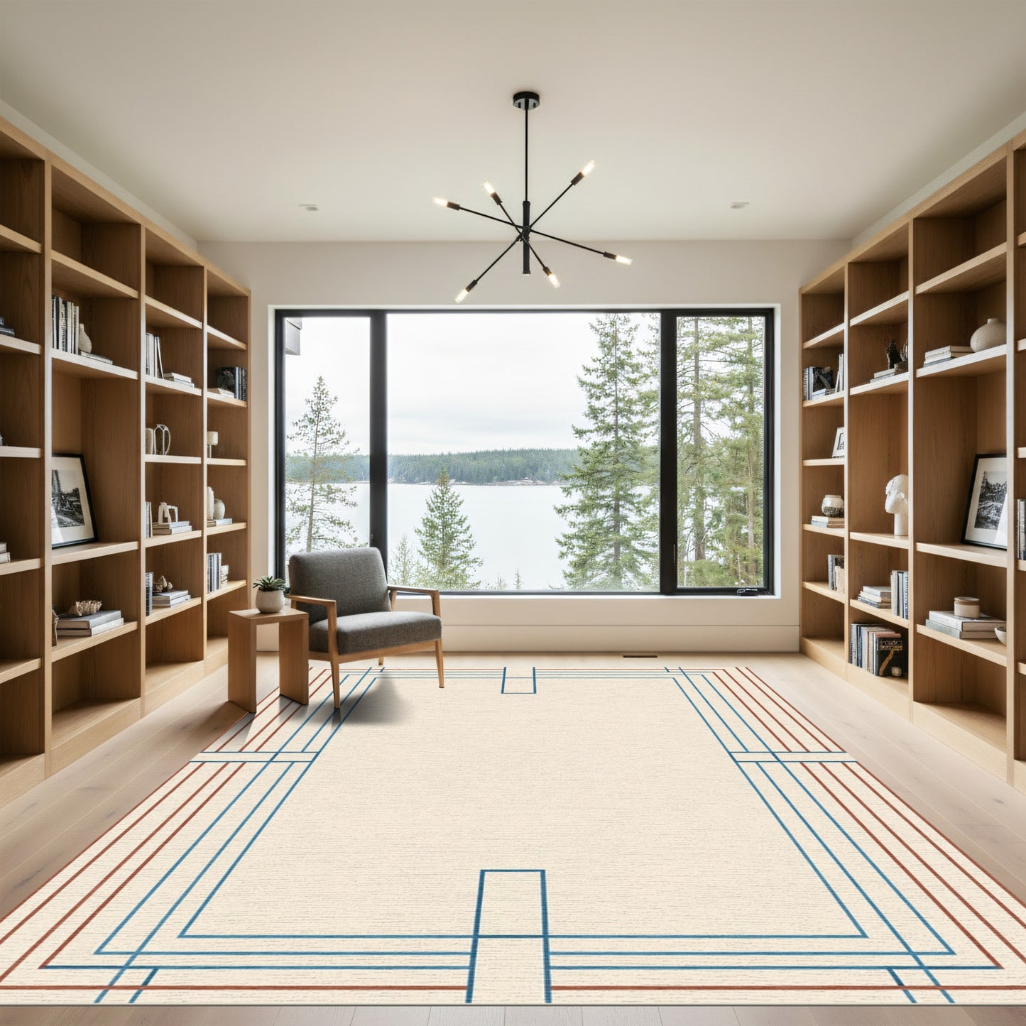 Geometric Blue Brown Border Rug