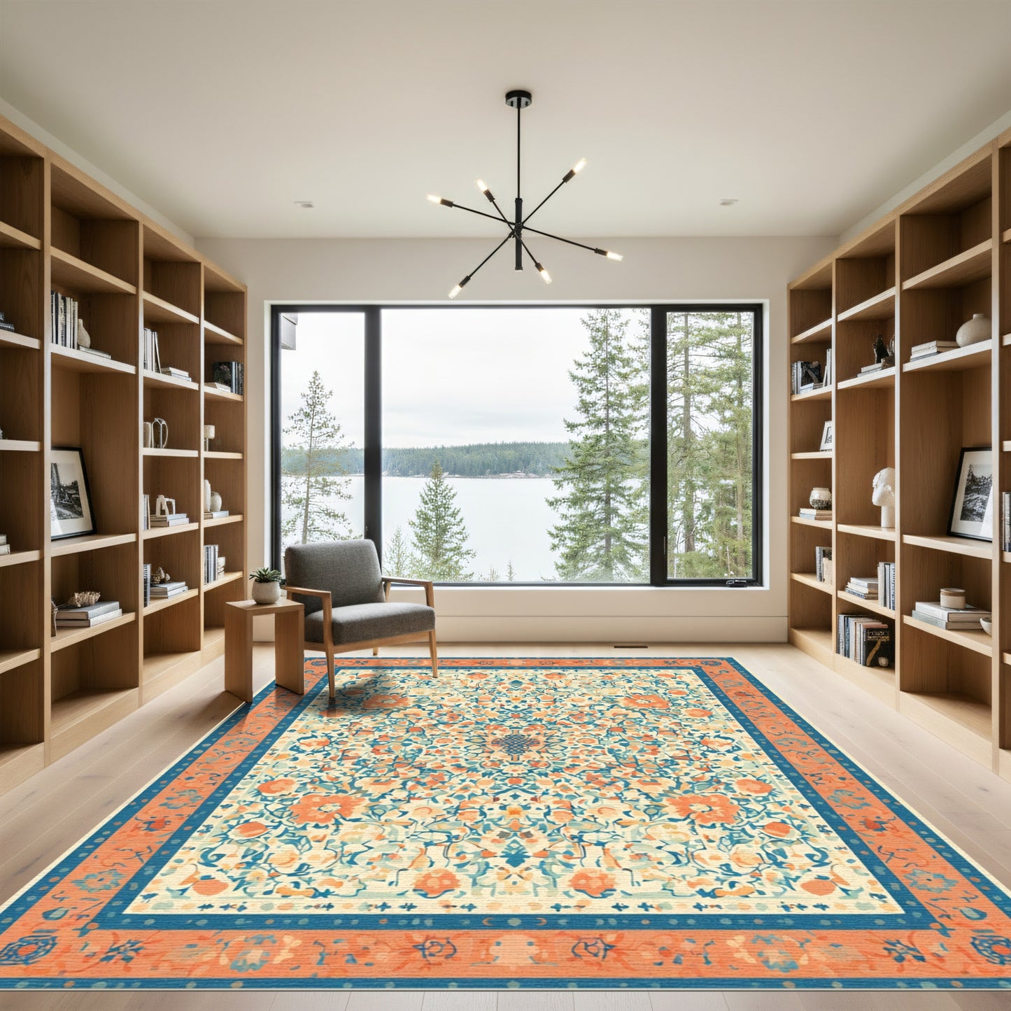 Coral Blue Ivory Floral Garden Rug