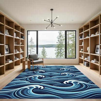 Deep Blue Dynamic Ocean Wave Rug