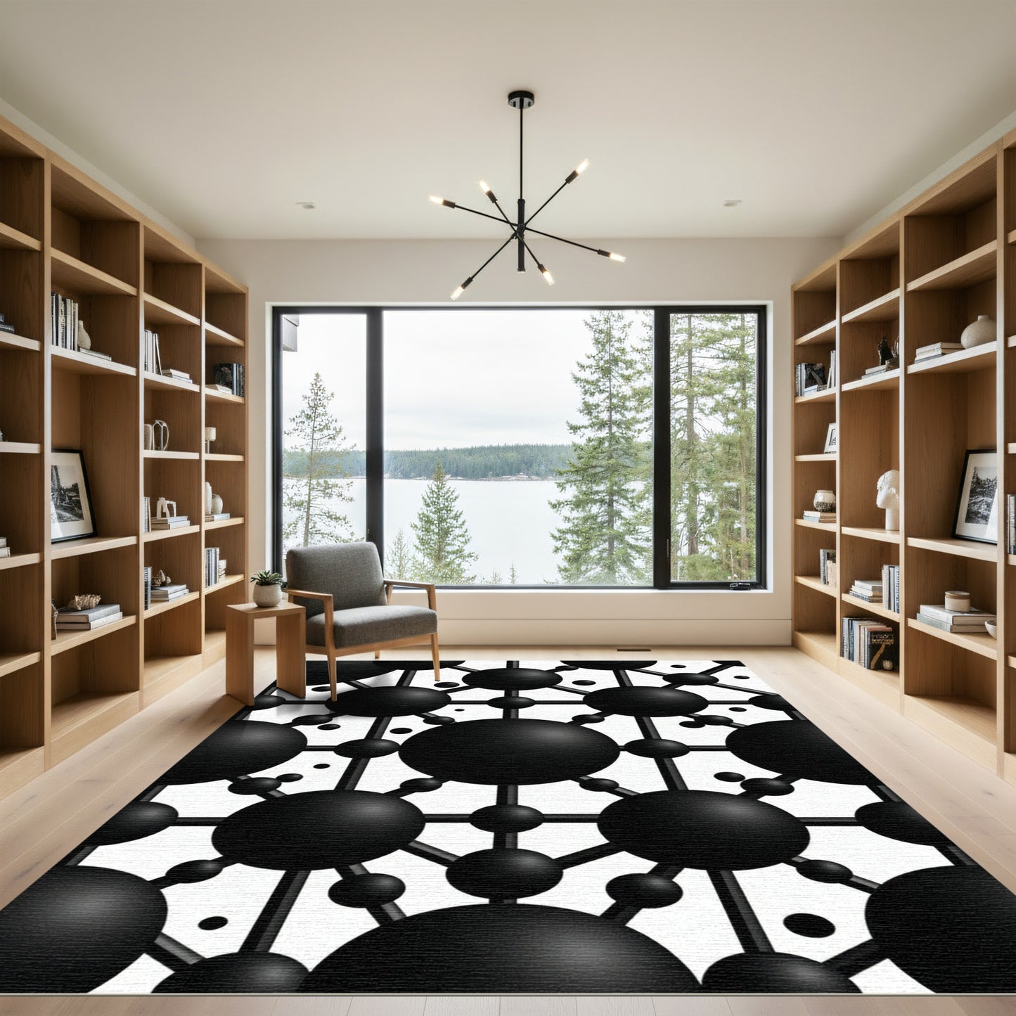 Black Molecular Structure Grid Rug