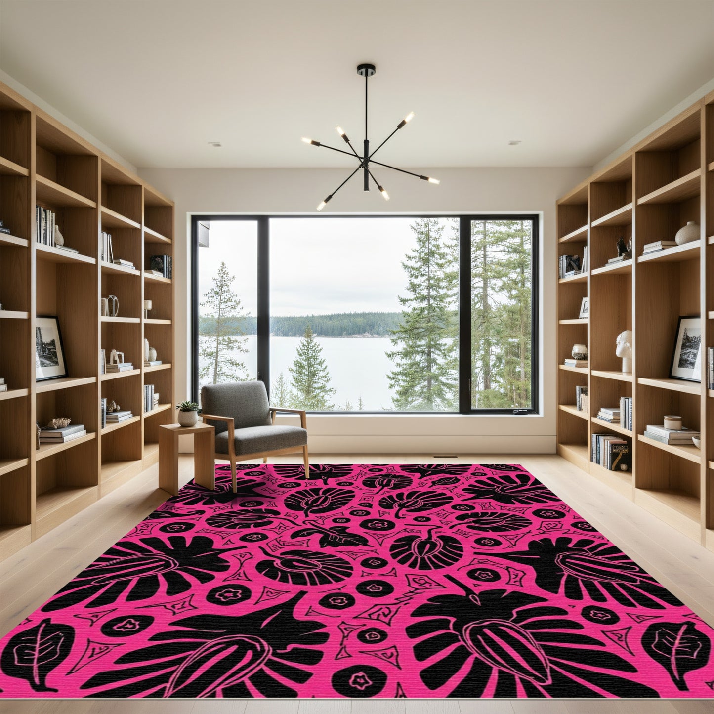 Vibrant Pink Black Floral Leaf Composition Rug