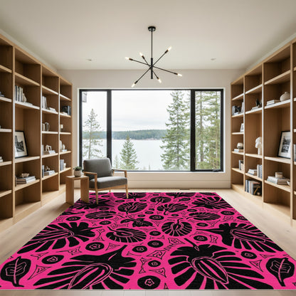 Vibrant Pink Black Floral Leaf Composition Rug