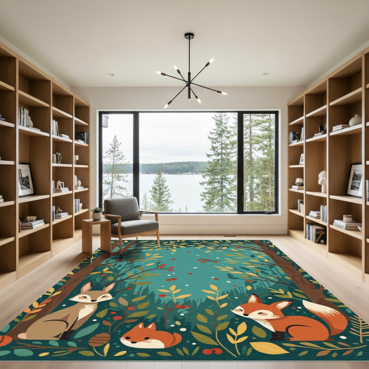 Woodland Creatures and Foliage Scene Rug
