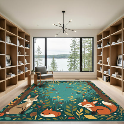 Woodland Creatures and Foliage Scene Rug