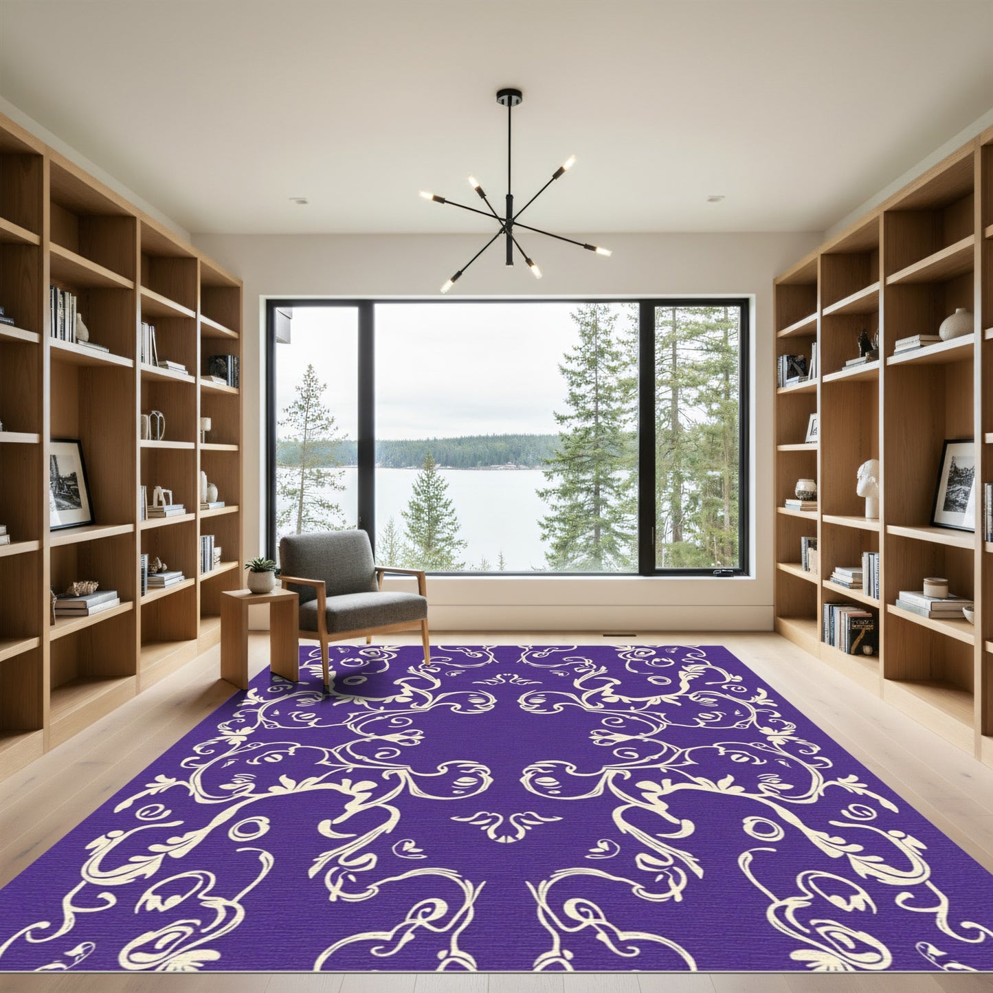 Ornate Cream Swirls on Violet Field Rug