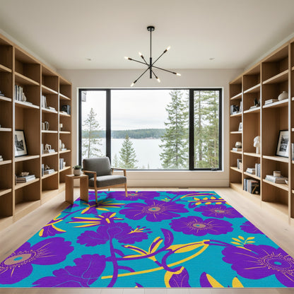 Purple Yellow Floral Teal Background Rug