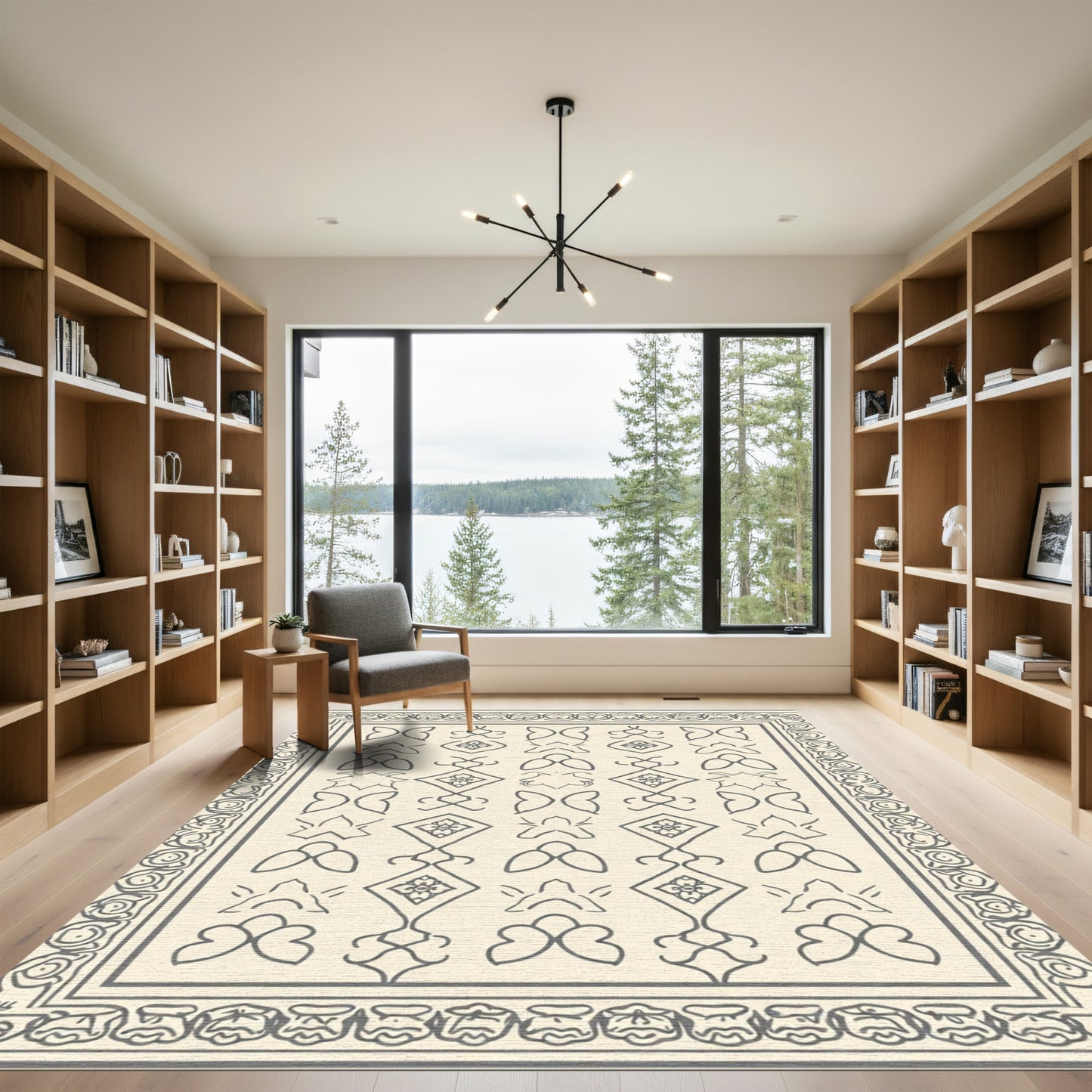 Cream and Charcoal Damask Medallion Frame Rug