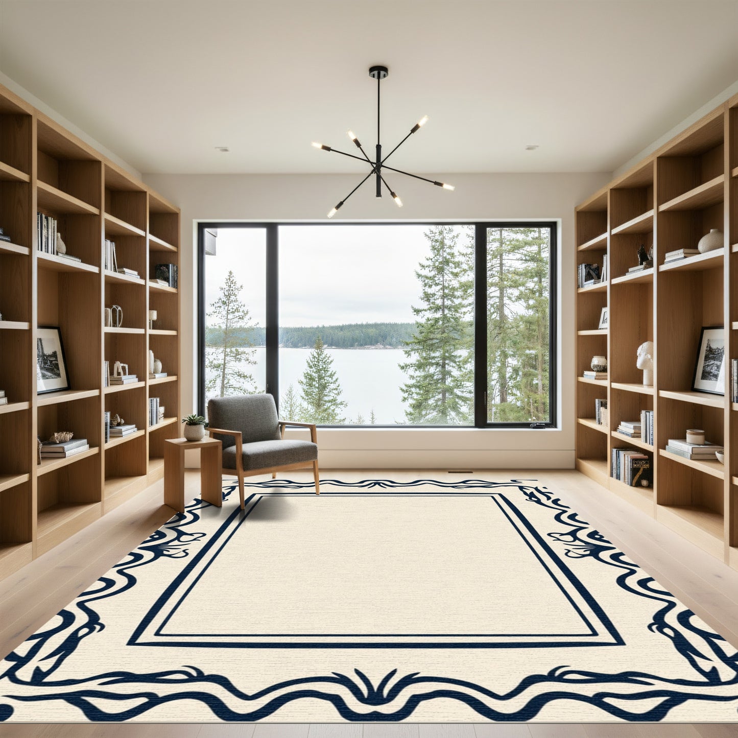 Navy Cream Ornate Scroll Border Rug