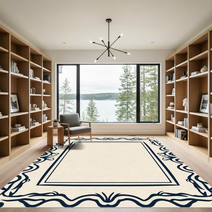 Navy Cream Ornate Scroll Border Rug