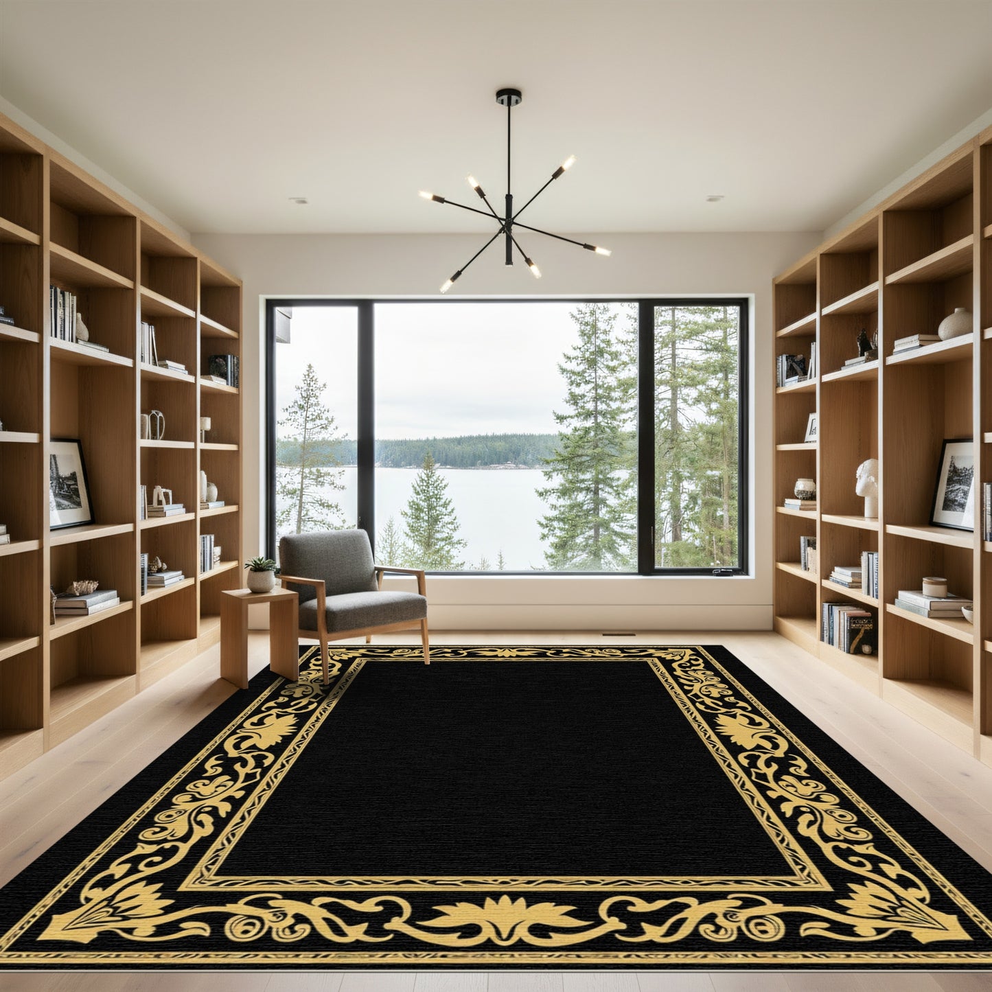 Golden Floral Vine Rectangular Border Rug