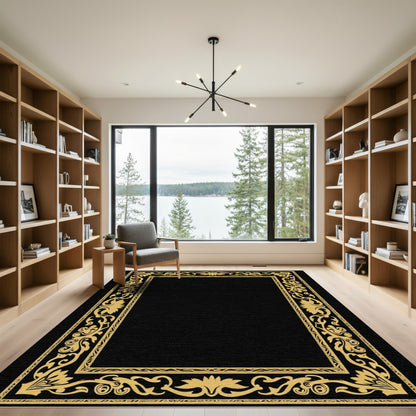 Golden Floral Vine Rectangular Border Rug