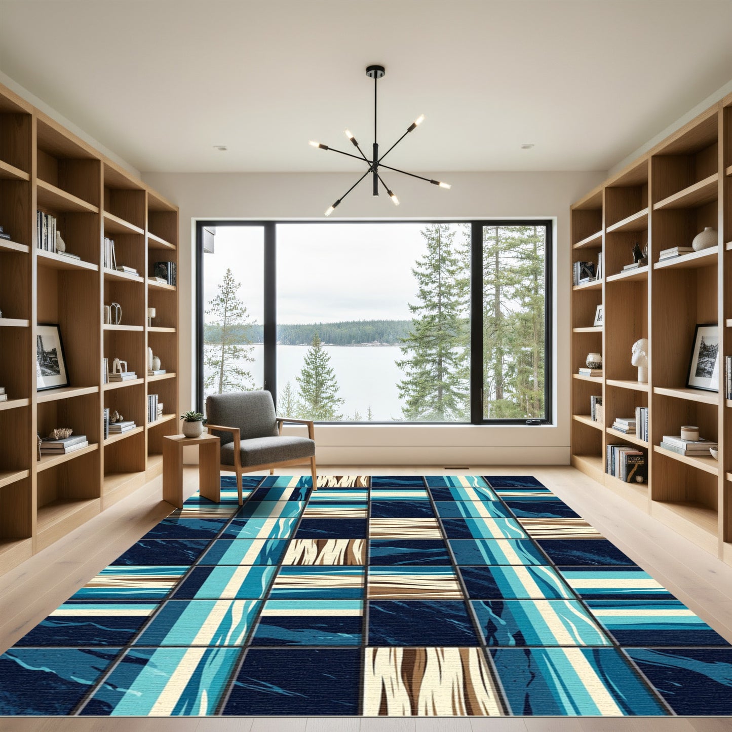 Abstract Blue Tan Coastal Tiles Rug