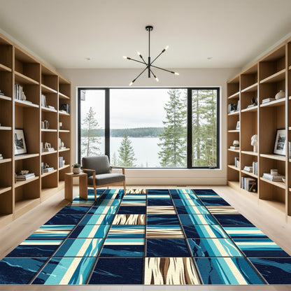Abstract Blue Tan Coastal Tiles Rug