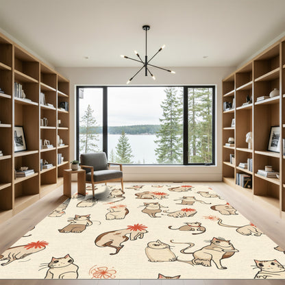 Whimsical Cat Ensemble With Floral Accents Rug
