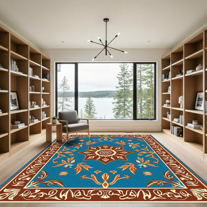 Bright Teal Orange Medallion Floral Border Rug
