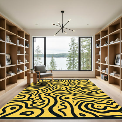 Bold Black Swirl Yellow Abstract Rug