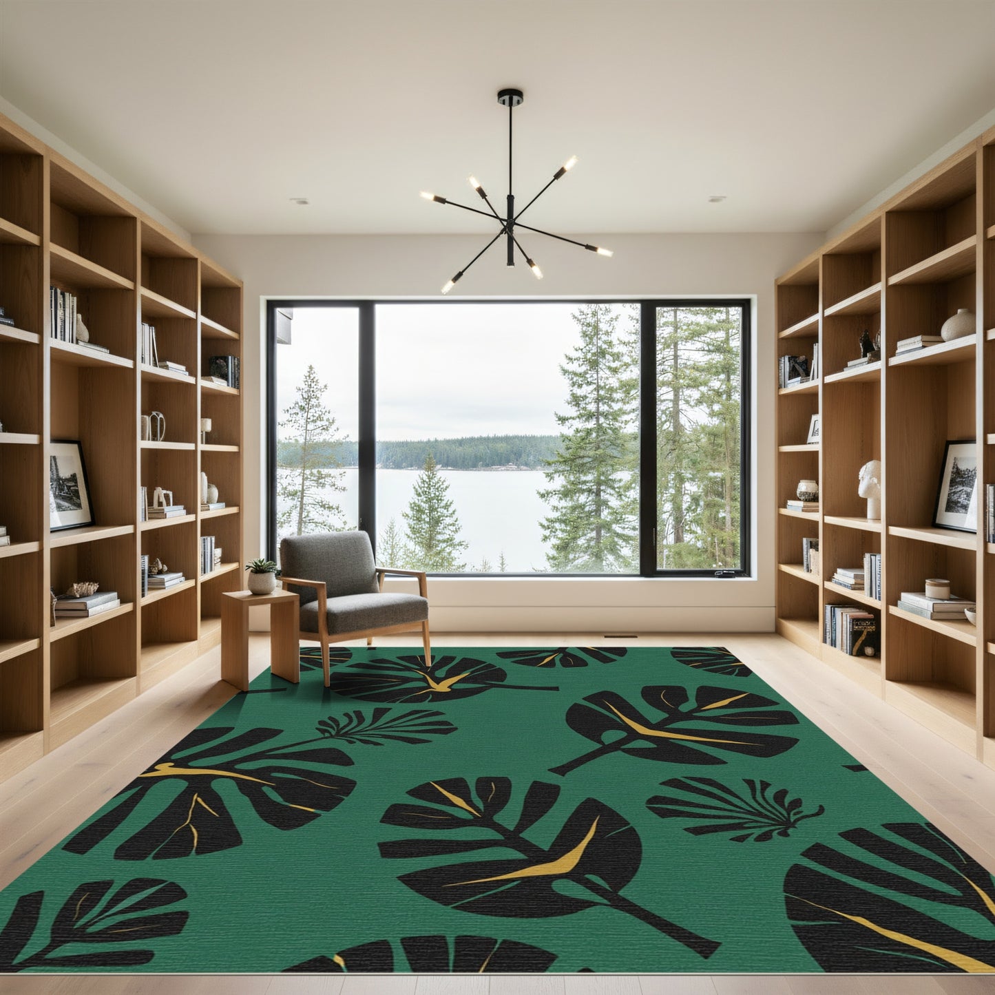 Bold Black Tropical Leaf Collage Rug