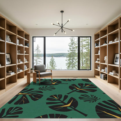 Bold Black Tropical Leaf Collage Rug