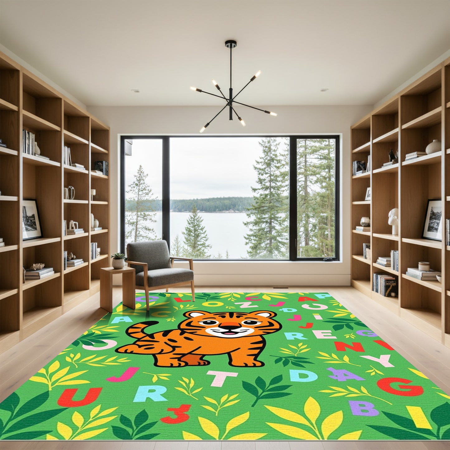 Playful Tiger Alphabet Jungle Scene Rug