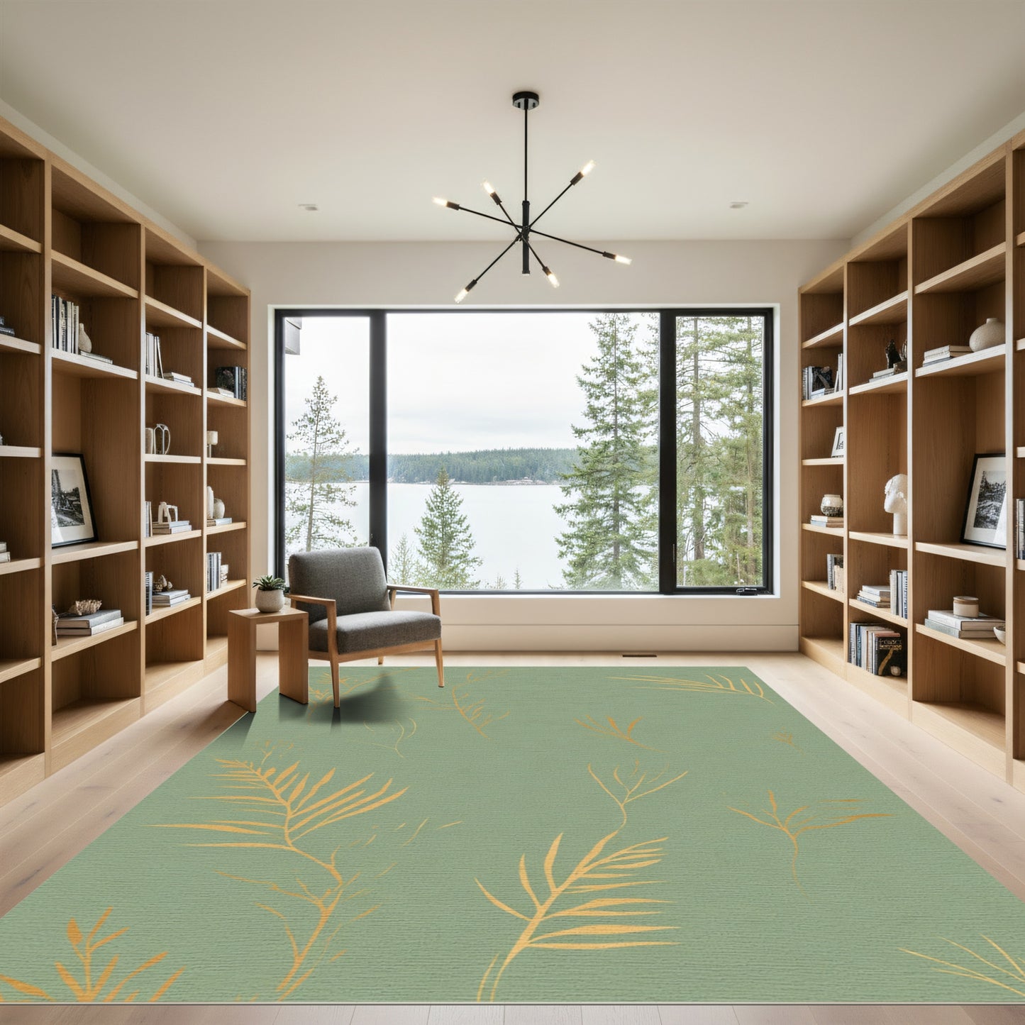 Subtle Gold Palm Frond Botanical Rug