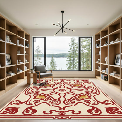 Crimson Gold Medallion Folk Art Rug