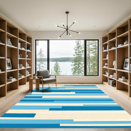 Modern Blue Cream Striped Geometric Rug