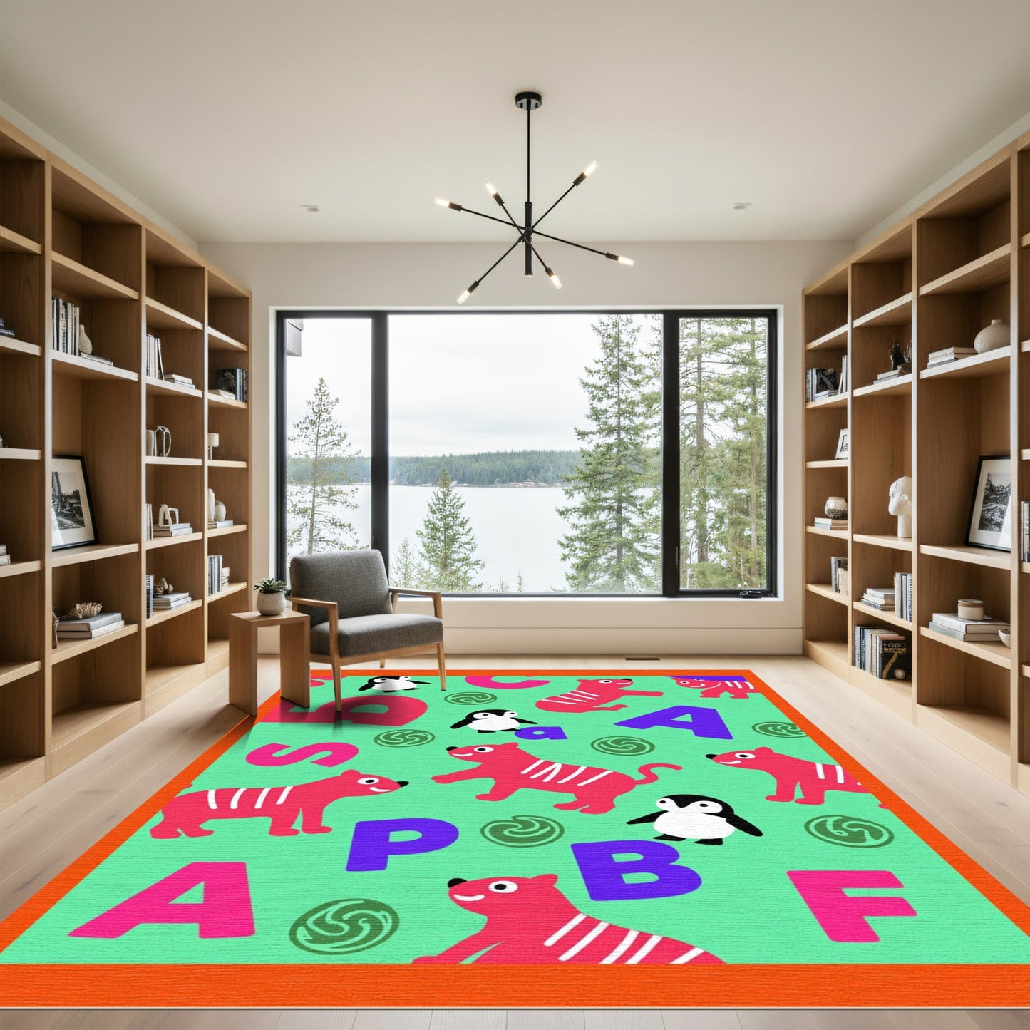 Cute Pink Tigers Penguins ABC Rug