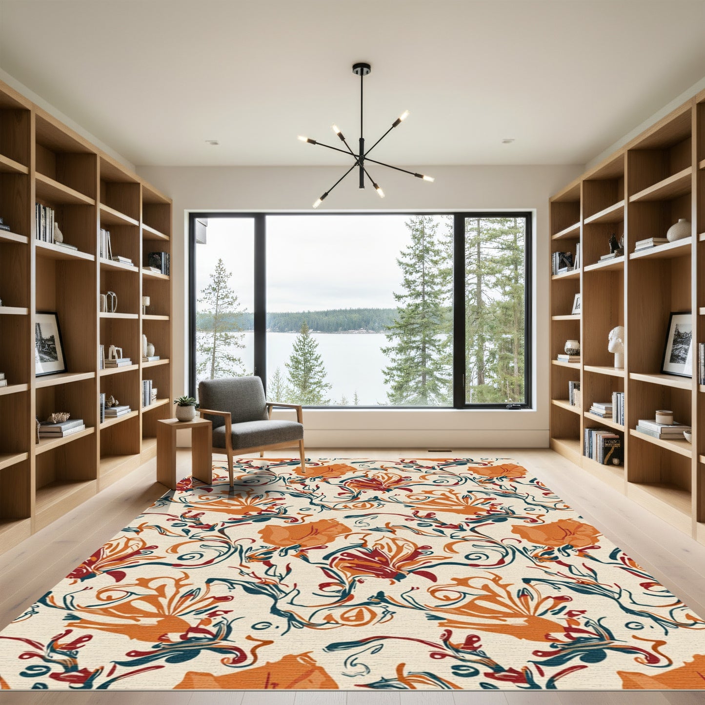 Rustic Orange Floral Swirl Composition Rug