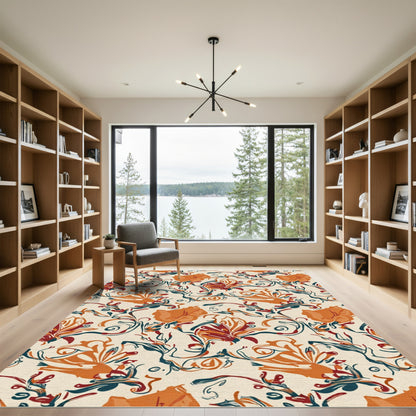 Rustic Orange Floral Swirl Composition Rug