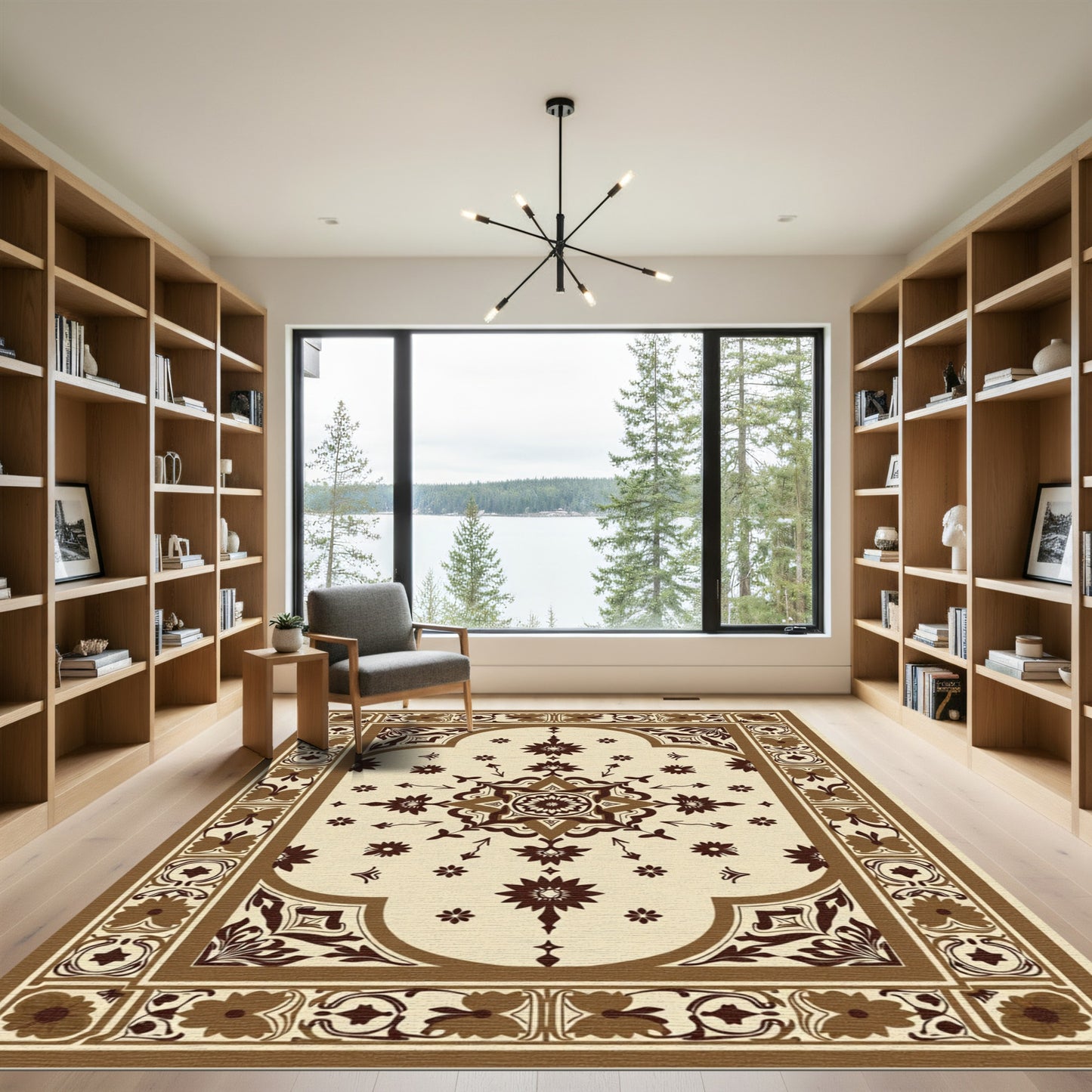 Brown Cream Floral Medallion Border Rug