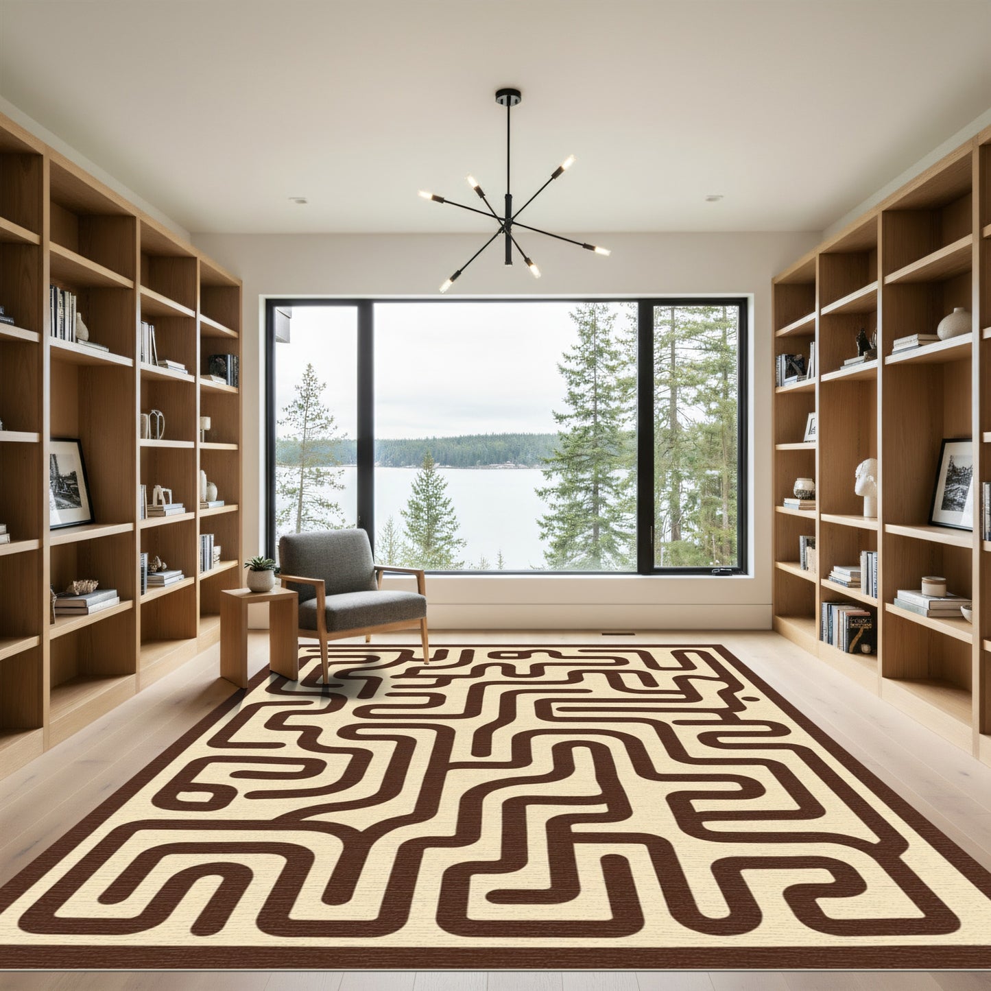 Brown Cream Abstract Maze Lines Rug