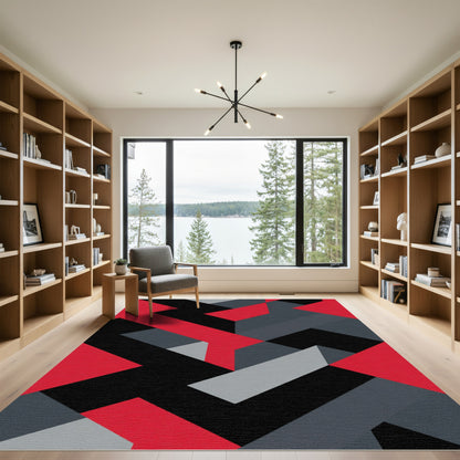 Bold Red Black Gray Geometric Interlock Rug