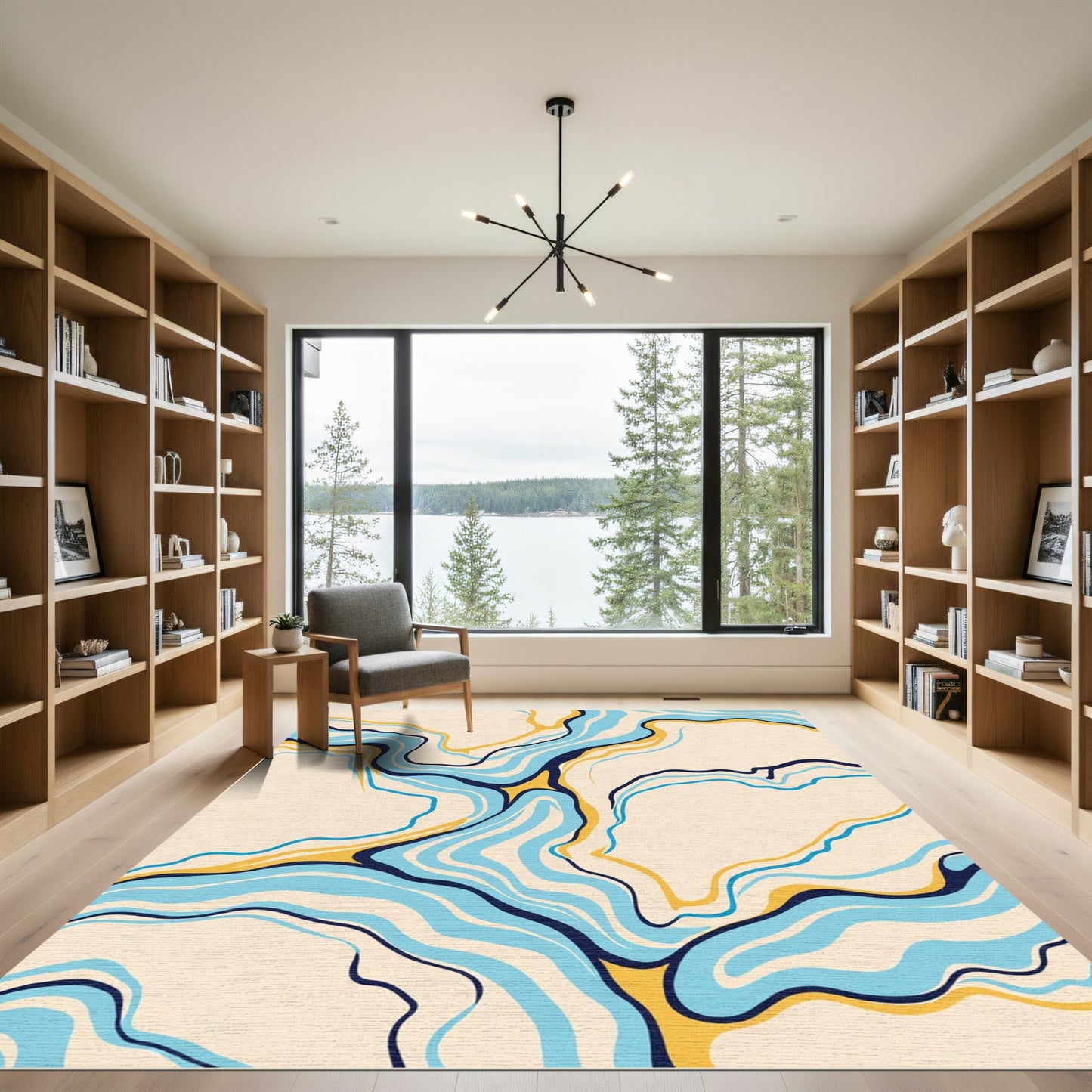 Cream Abstract Flowing Blue Gold Lines Rug