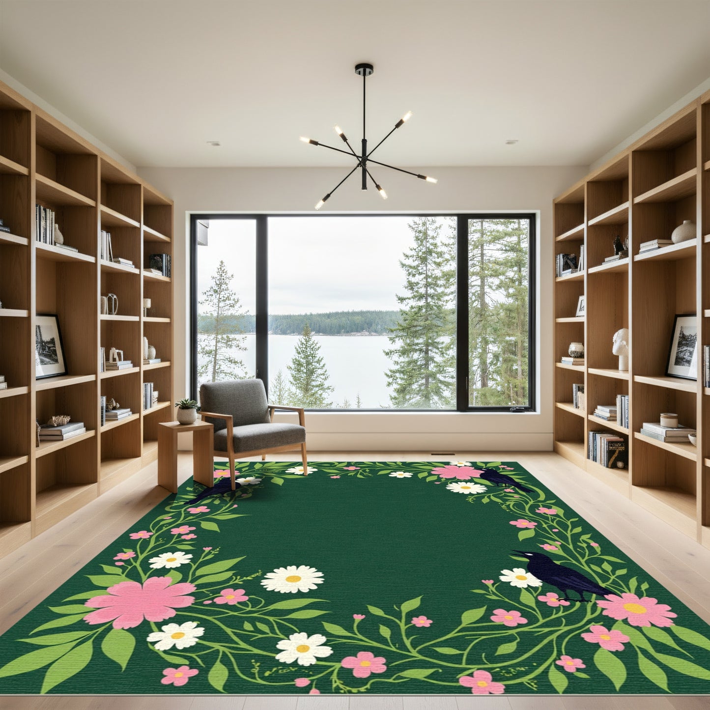 Dark Green Floral Birds Garden Rug