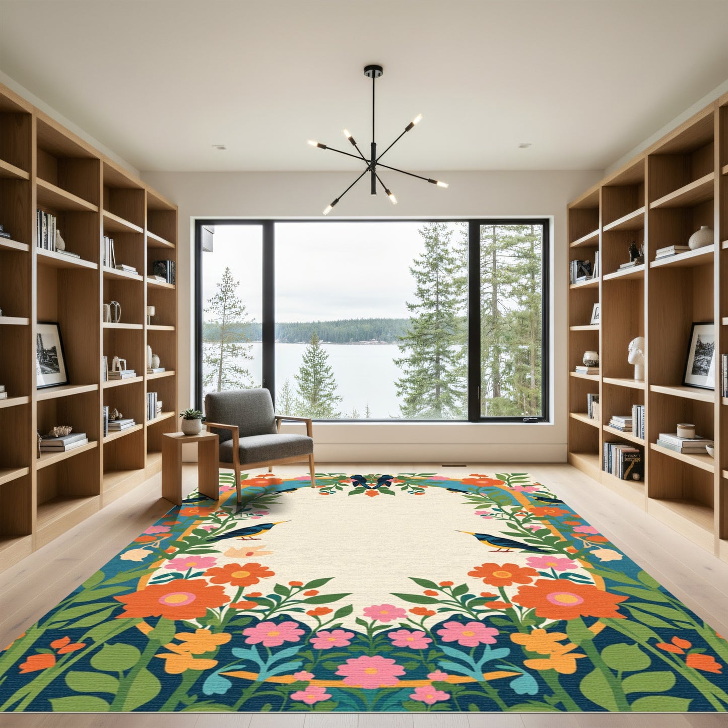 Orange Blue Floral Birds Arch Rug