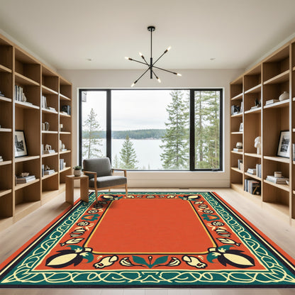 Orange Red Floral Medallion Border Rug