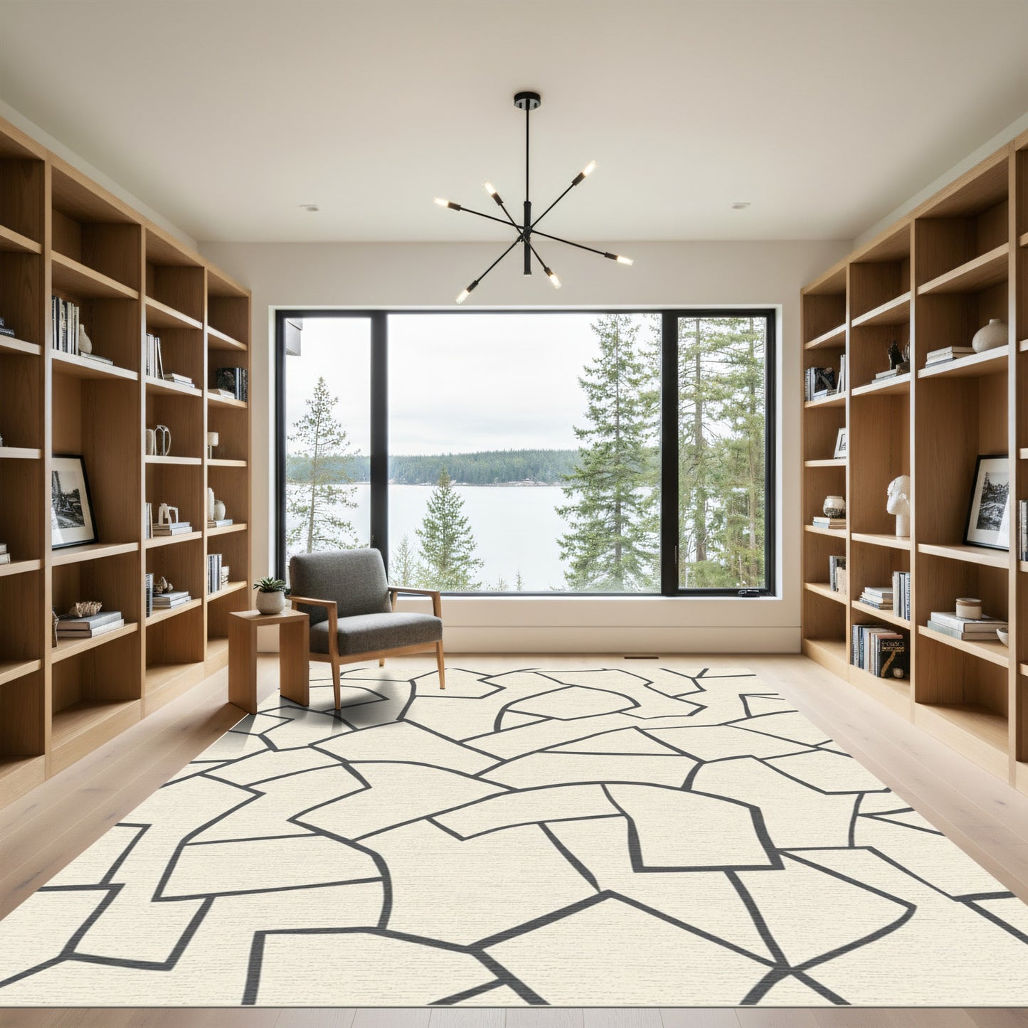 Abstract Cream and Charcoal Irregular Shapes Rug